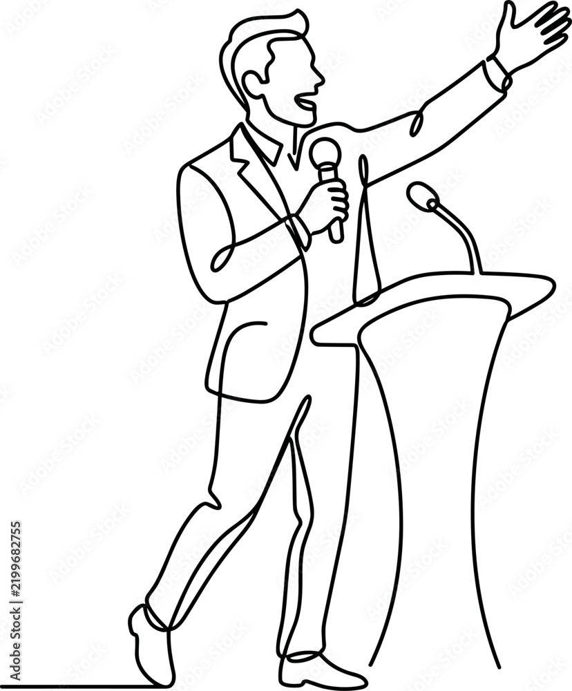 Fototapeta premium Speaker giving a speech at podium with microphone one line drawing