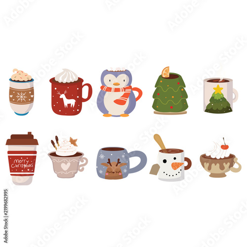 Christmas hot drinks isolated on white background, vector illustration of hot chocolate mug, reindeer cup, penguin mug, Christmas tree cup, coffee paper cup, and cozy winter beverage clipart