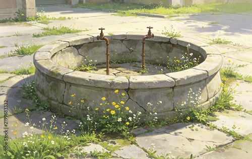 Abandoned Stone Fountain, Dry Basin Wildflowers Urban Ruin