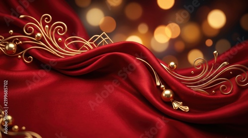 Luxurious Red Satin Fabric with Golden Swirls and Bokeh Lights for Chinese New Year Festive Banner
