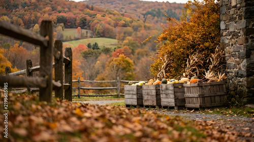 Abundant autumn harvest of colorful pumpkins and squash displayed in wooden crates on a scenic rural farmstead.