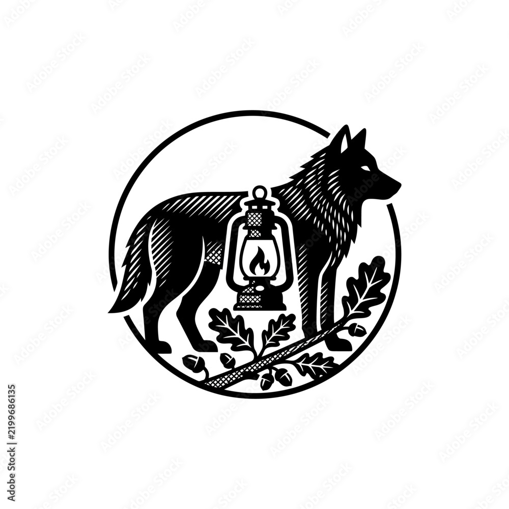 Fototapeta premium Wolf Lantern Forest Logo Design, Vintage Wilderness Animal Emblem with Oak Branch and Circular Badge, Rustic Outdoor Adventure Vector Illustration