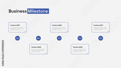 Business milestone timeline infographic with five steps and placeholder text