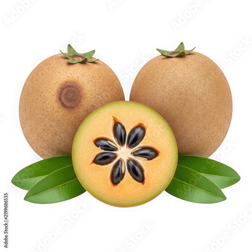 Fresh sapodilla fruit harvest with halved slices on transparent background.