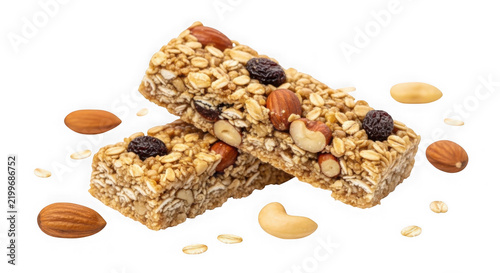 Healthy granola bars with nuts and dried fruits isolated on white area.