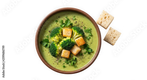 Healthy green creamy broccoli soup served in ceramic bowl with croutons.
