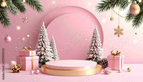 Pink christmas podium stage with festive decoration