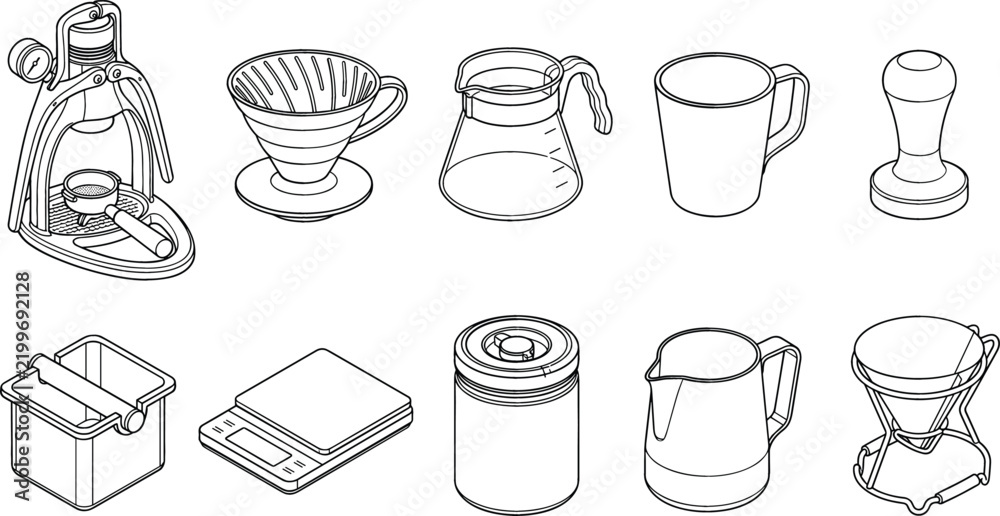 Obraz premium Specialty Coffee Brewing Equipment and Barista Tools Vector Line Icon Set Featuring Manual Espresso Maker Pour Over Dripper Tamper Scale Pitcher