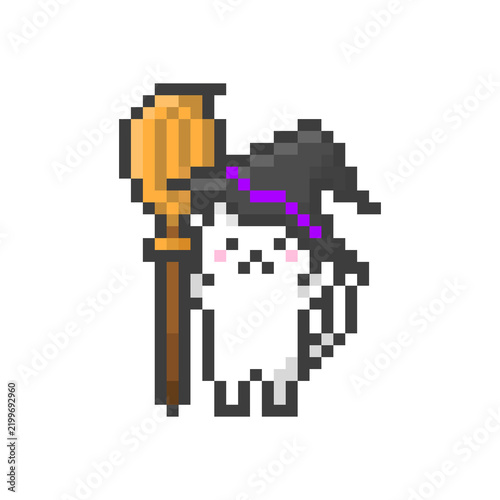 ドット絵のほうきを持った魔女な猫