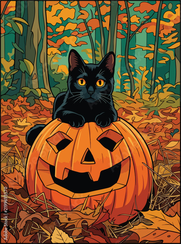 Comic book style vector graphic of a black cat sitting on a Halloween pumpkin.