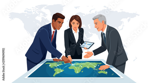 Diverse business team analyzing global strategy on a world map, planning international expansion and collaboration.