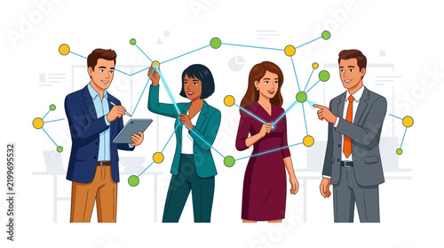 Diverse business team collaborating on a digital network, data visualization, and strategic planning in modern office setting.