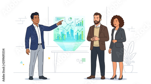 Diverse business team collaborating on a holographic financial data display, showcasing growth and urban development.