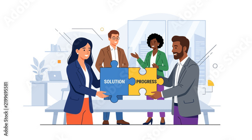 Diverse business team collaborating on a puzzle, symbolizing solution and progress in a modern office.