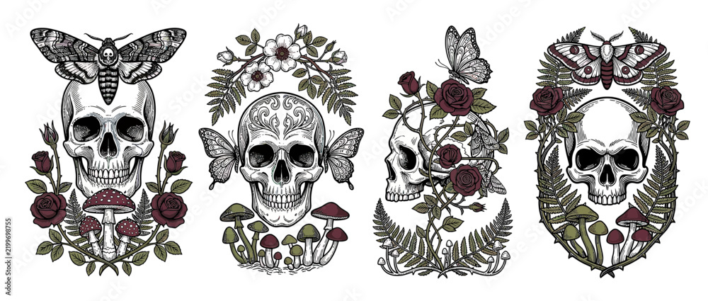 Fototapeta premium Gothic skulls with moths, butterflies, roses, and mushrooms