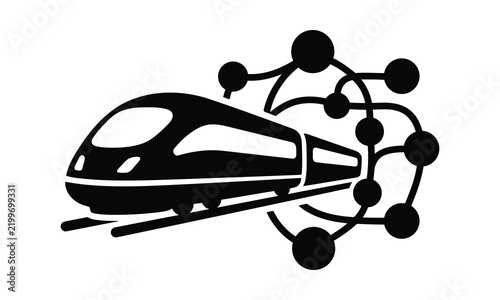 Digital railway network icon black train nodes connection.