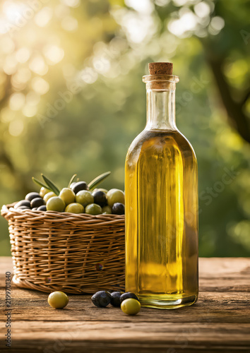 Glass bottle of golden olive oil beside basket of olives in sunlight