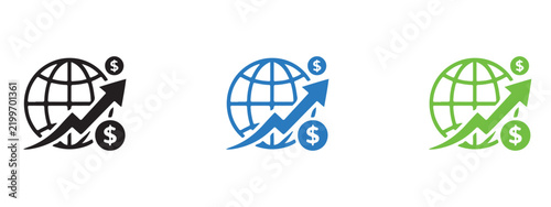 Set of global financial growth icons featuring world globe and dollar symbols