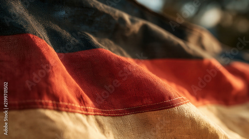 Vintage German flag retro industrial historic fabric closeup with warm light and folds