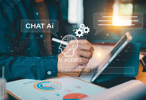 Businessman using tablet with stylus pen and CHAT AI, AI AGENTS hologram interface on desk, artificial intelligence and command prompt concept.