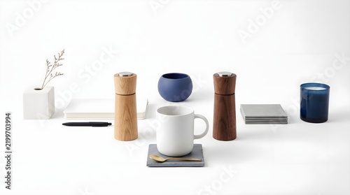 Minimalist Tabletop Arrangement Featuring Modern Home Decor Items and Kitchenware