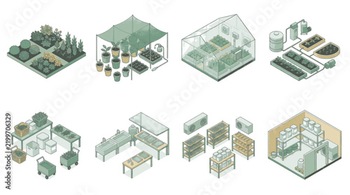 Konstfotografi Isometric illustrations of various agricultural and horticultural setups, showcasing different farming techniques and equipment