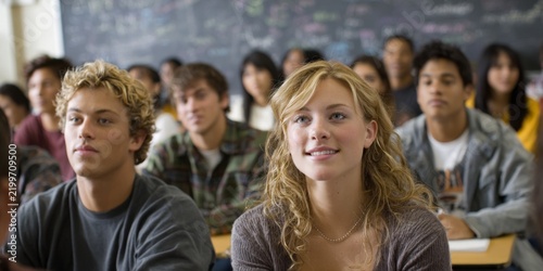 Classroom with attentive students listening to teacher, neutral backdrop, marketable editorial stock image