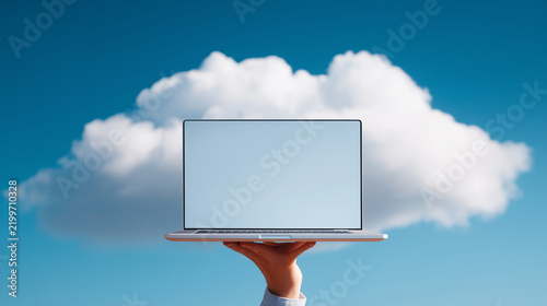 Hand holding laptop with blank screen against cloud and blue sky