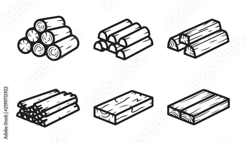 Natural lumber stacks and wooden planks line icons for woodworking material supply and forestry storage management.