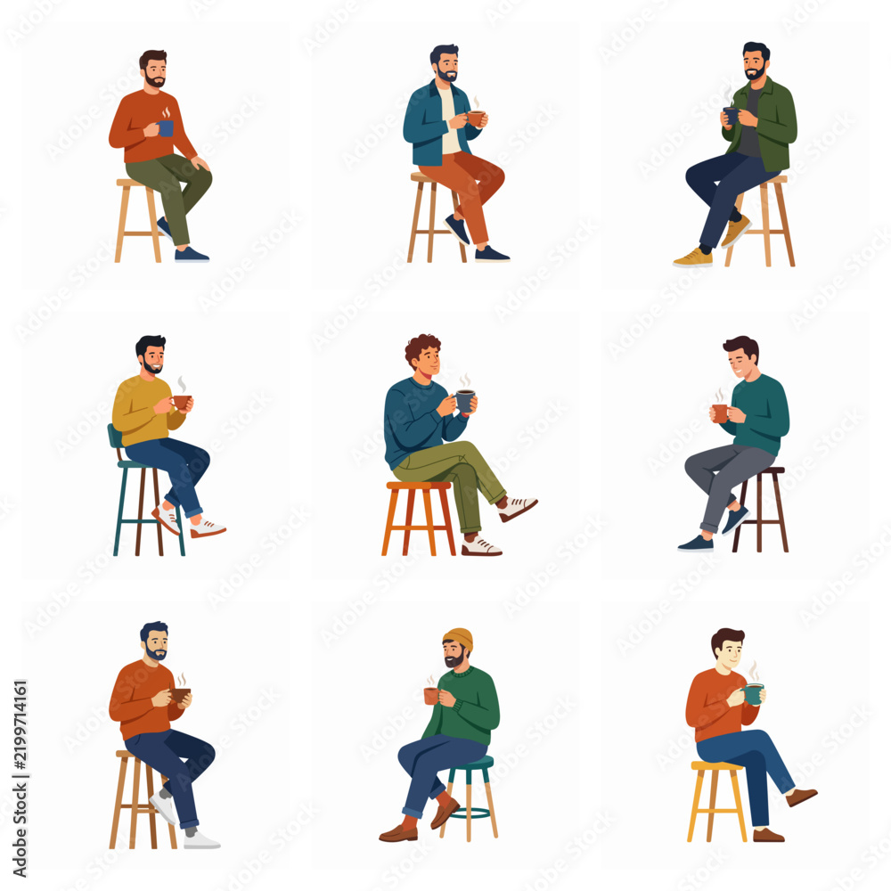 Fototapeta premium Men Sitting On High Stools Drinking Hot Coffee Vector Set