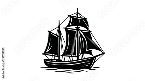 Classic tall ship galleon woodcut illustration with sails.