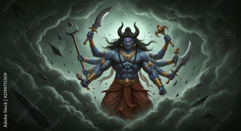Fototapeta premium Multi-armed blue deity warrior holding traditional weapons surrounded by dark storm clouds and energy
