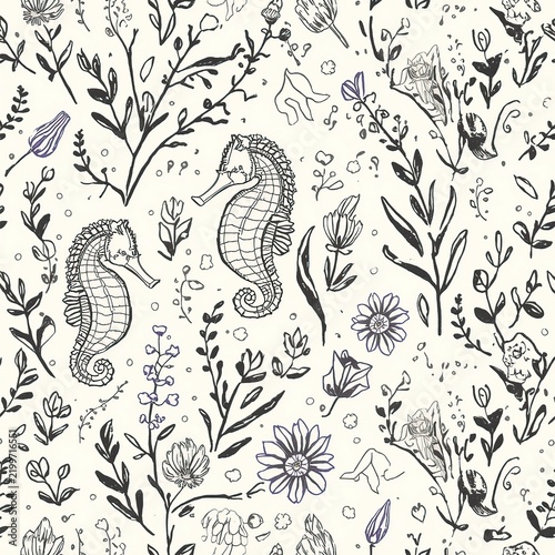 Pattern seahorse and plant drawing background illustration 