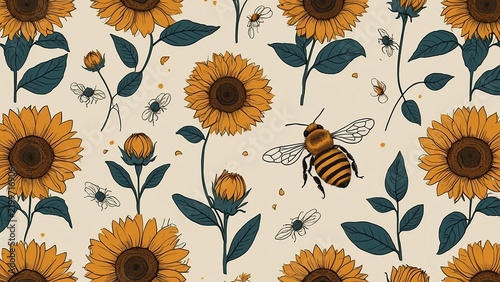 Pattern abstract bee and sunflower drawing background illustration 