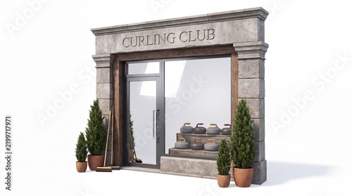 Curling club storefront features stone architecture and display windows showcasing equipment for the winter sport on a clean white background, designed for commercial design presentation purposes.