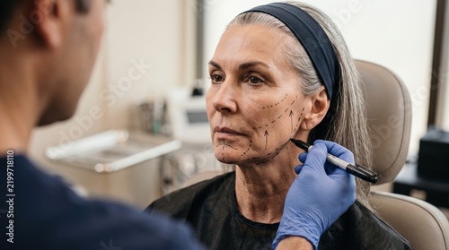 Surgeon Marking Surgical Lines on Senior Woman Face Before Rhytidectomy Facelift