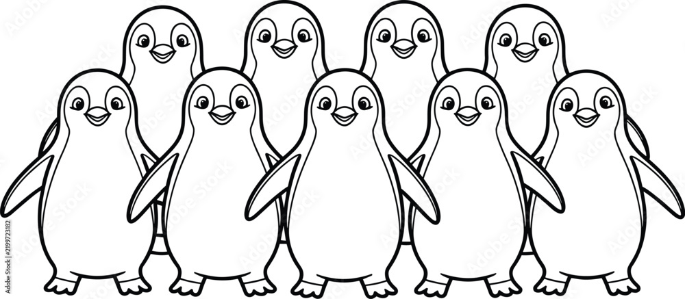Fototapeta premium Group of cute cartoon penguins standing together in a line with happy expressions during winter
