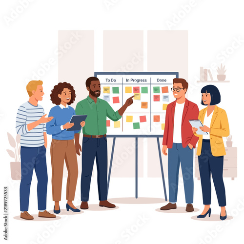 Diverse team collaborating around a Kanban board, discussing tasks and project progress in a modern office setting.