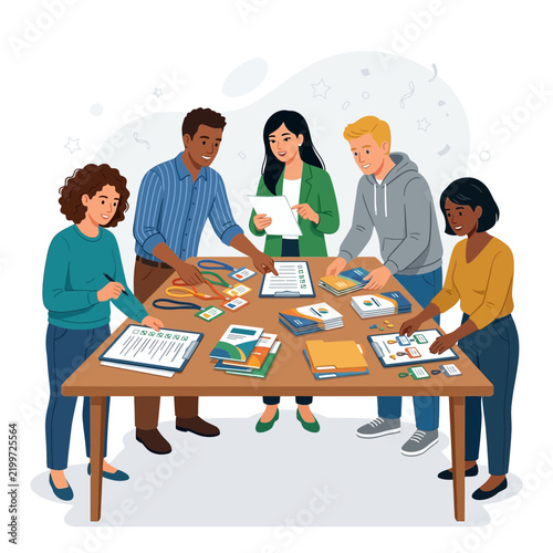 Diverse Team Collaborating Around a Table with Documents and Lanyards, Vector Illustration