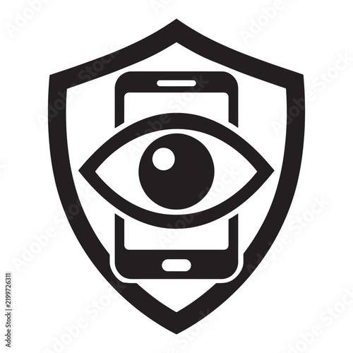 Security shield icon with an eye over a smartphone representing mobile privacy security protection
