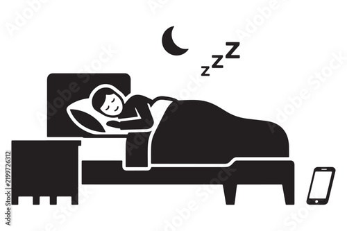 Icon of a person sleeping in bed at night with a smartphone resting on the floor nearby