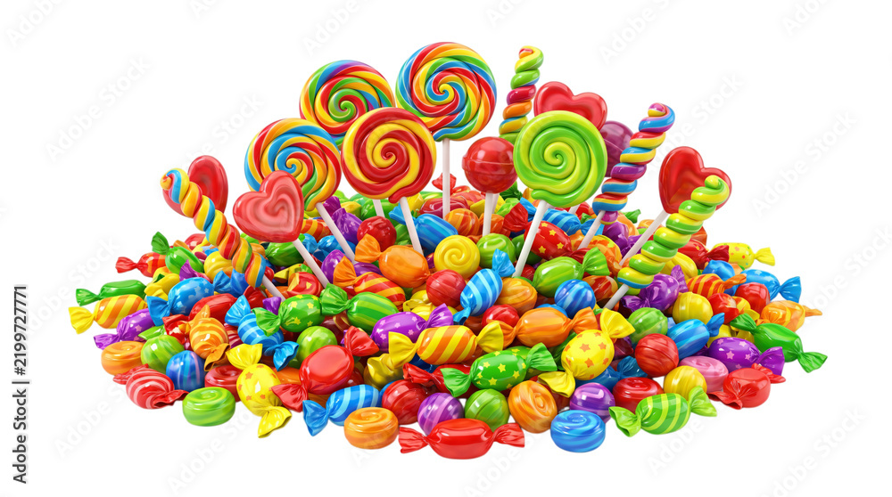 Obraz premium Colorful lollipops and wrapped candies on a white background. Pile of sweet sugar confectionery items. Isolated stock photo