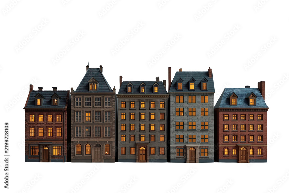 Fototapeta premium Row of dark European townhouses with glowing windows