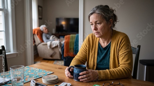 Family caregiver exhausted at table, Alzheimer’s care burden at home, Older relative resting nearby, Emotional strain of caregiving, Colorful domestic lifestyle scene