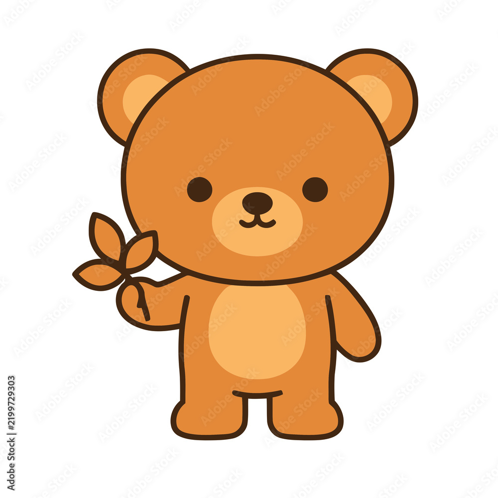 Fototapeta premium Cute cartoon teddy bear holding a leaf