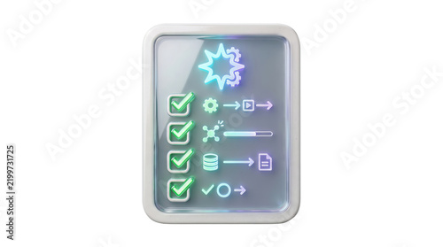 Digital checklist interface icon displays neon checkmarks and glowing workflow process symbols.