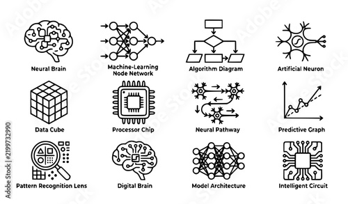 Artificial intelligence core technology and neural computing outline icons