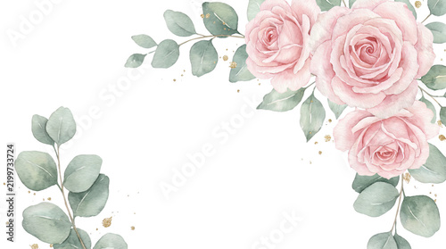Watercolor pink roses and eucalyptus leaves frame an elegant transparent background with delicate gold speckles.