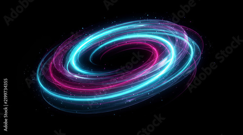 Neon light vortex swirls with vibrant cyan and magenta energy trails across a dark background.