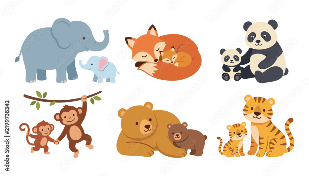 Obraz premium Cute animal mothers and babies vector illustration set with flat cartoon wild creatures isolated on white